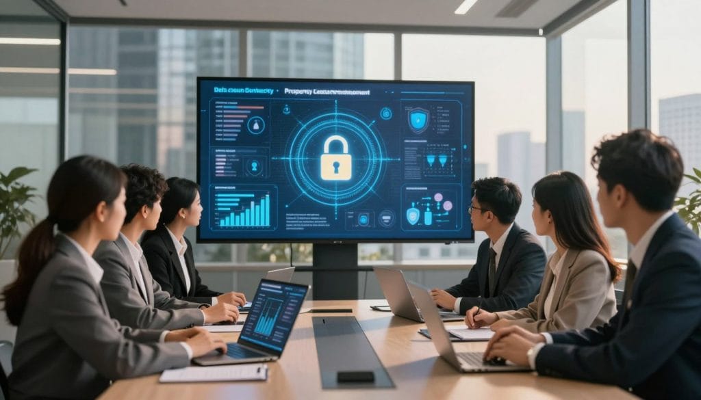 A professional office setting illustrating data confidentiality and property management. In the foreground, a diverse group of business professionals, dressed in smart attire, collaborate around a modern conference table, examining digital devices displaying graphs and security icons. The middle layer features a large digital screen displaying a secure data management dashboard, with visual elements like padlocks and shields symbolizing data protection. In the background, glass walls reveal a sleek cityscape, bathed in warm, natural light from large windows, creating a welcoming yet focused atmosphere. Emphasize a sense of trust and professionalism, with soft, diffused lighting to convey an atmosphere of collaboration and security.