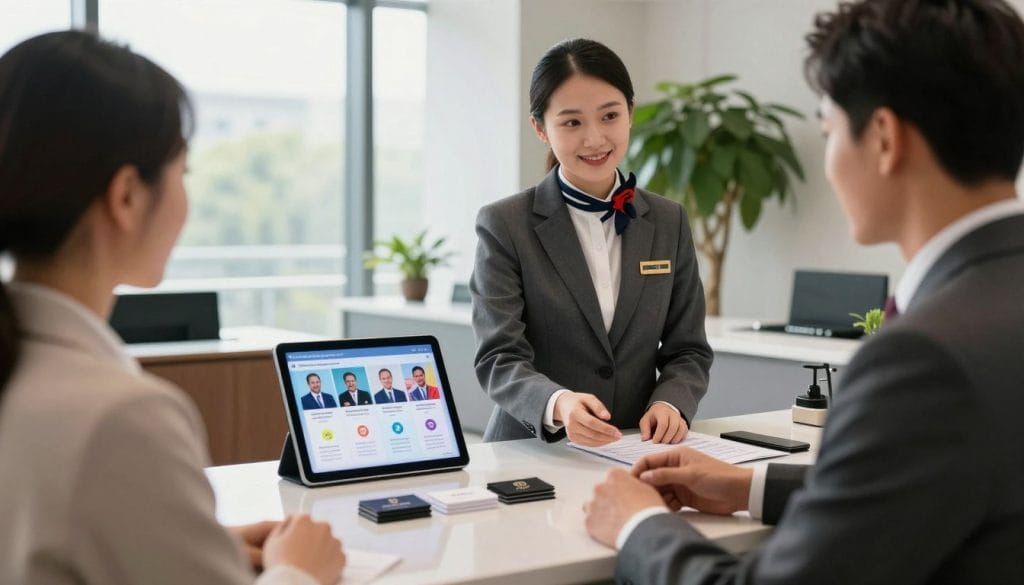 An elegant office environment showcasing a professional concierge service in action. In the foreground, a well-dressed concierge, wearing a tailored suit, is attentively discussing options with a client at a sleek reception desk, adorned with luxury business cards and brochures. In the middle ground, a digital tablet displays a comparative analysis of various concierge services, illustrating their unique offerings with vibrant images and icons. In the background, large windows allow warm natural light to flood the space, highlighting contemporary decor and a lush indoor plant, creating an inviting atmosphere. The mood is one of professionalism and sophistication, emphasizing trust and expertise in concierge services. The image composition should feature a balanced angle to draw the viewer's eye through the scene without any text or logos.